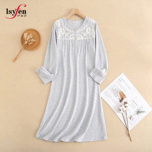 伊丝芬秋冬款针织100%纯棉圆领半开襟长袖女士睡裙柔软舒适38912