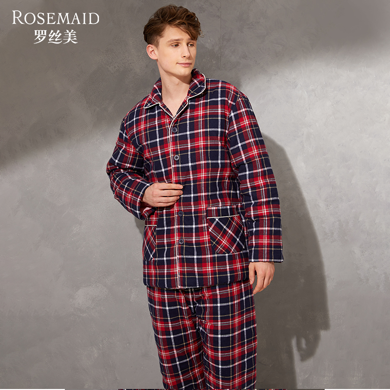罗丝美秋冬睡衣男士纯棉色织格国民领全开襟夹棉保暖家居服 61251