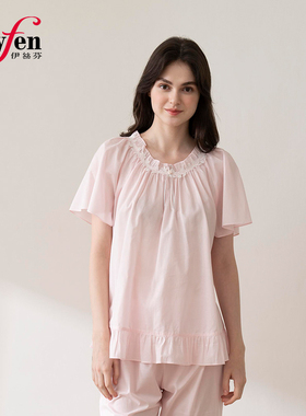 伊丝芬春夏新款 圆领套头短袖中裤衣裤套装纯棉60支梭织布 32062