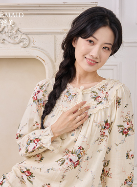 罗丝美秋冬新品睡裙纯棉双层纱玫瑰印花圆领半开襟女士睡裙14212
