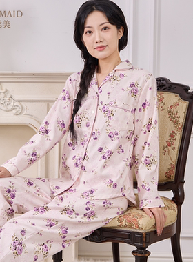 罗丝美2025秋冬新款14255斜纹磨毛印花国民领长袖睡衣家居服套装