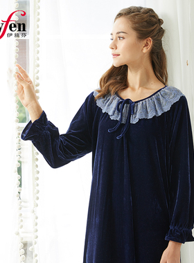 伊丝芬秋冬新品 仿丝绒公主风睡裙圆领套头镶蕾丝长袖长版 31211