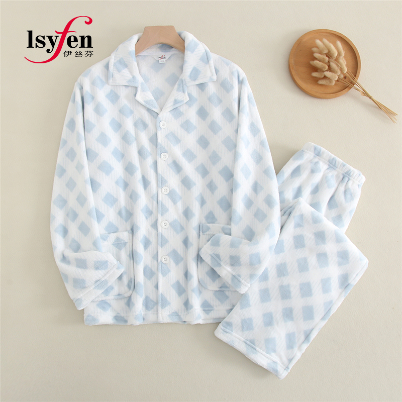 伊丝芬秋冬国民领全开襟法兰绒格子印花长袖长裤 男士套装 68263