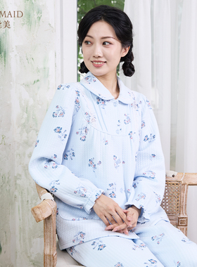 罗丝美2025秋冬新款14245纯棉暖棉布印花全开襟睡衣家居服套装女