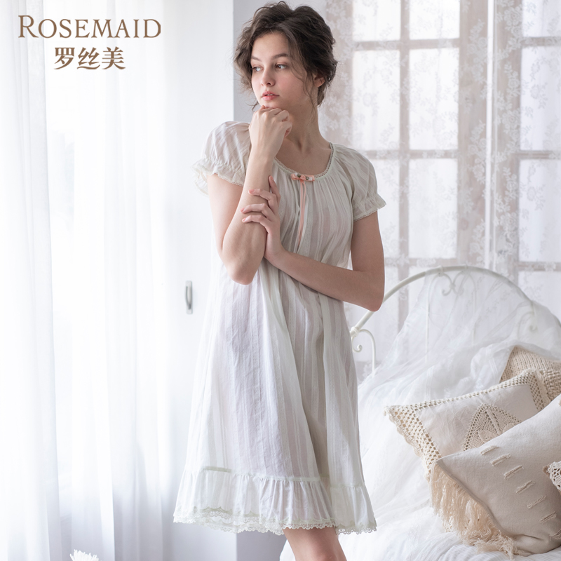 纯棉提花布圆领短袖女睡裙