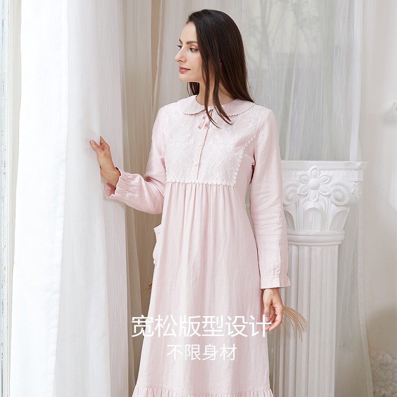 罗丝美11215秋冬新品小翻领半开襟长袖睡裙高支纯棉婴儿纱睡衣女