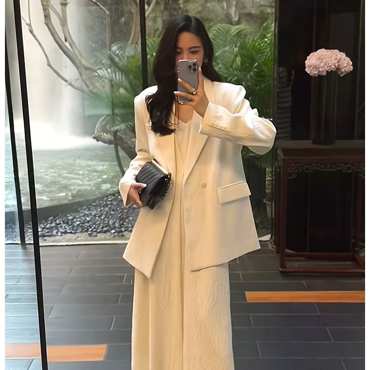 时尚气质大码女装套装微胖mm吊带长裙西装外套上衣春秋两件套裙装