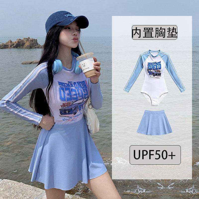 2026新款长袖连体裙式泳衣防晒速干保守显瘦遮肚女生学游泳泳装