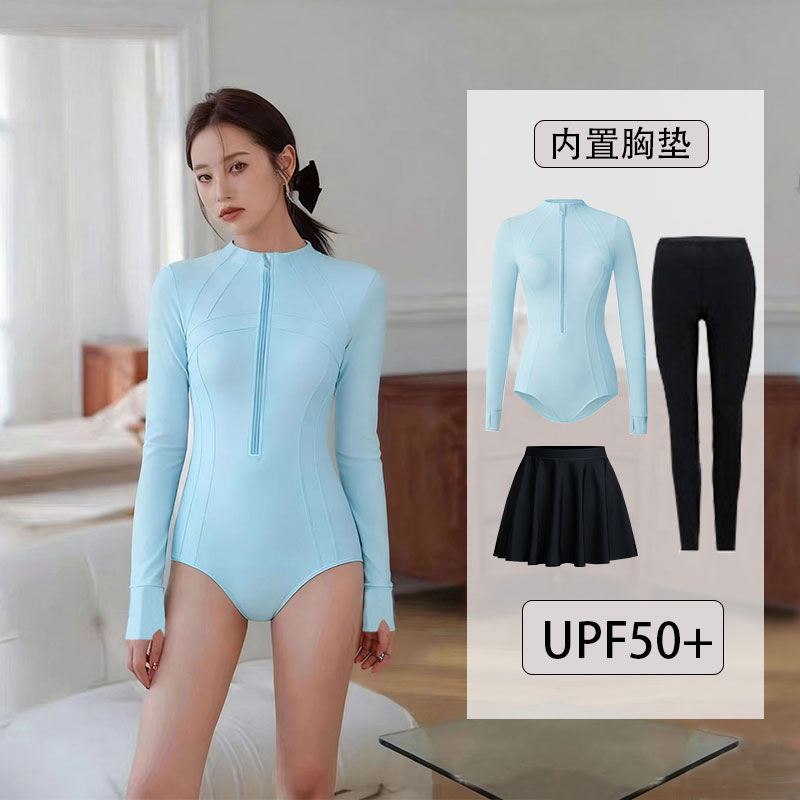 连体三角泳衣女高领UPF50+长袖