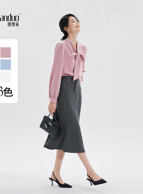 图曼朵粉色蝴蝶结长袖衬衫女士秋季新款正装ol轻职场通勤套装衬衣
