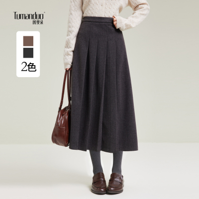 2025秋冬新款显瘦毛呢百褶半身裙