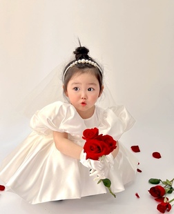女童连衣裙儿童生日白色礼服公主裙蓬蓬纱裙表演出服宫廷风拍照服