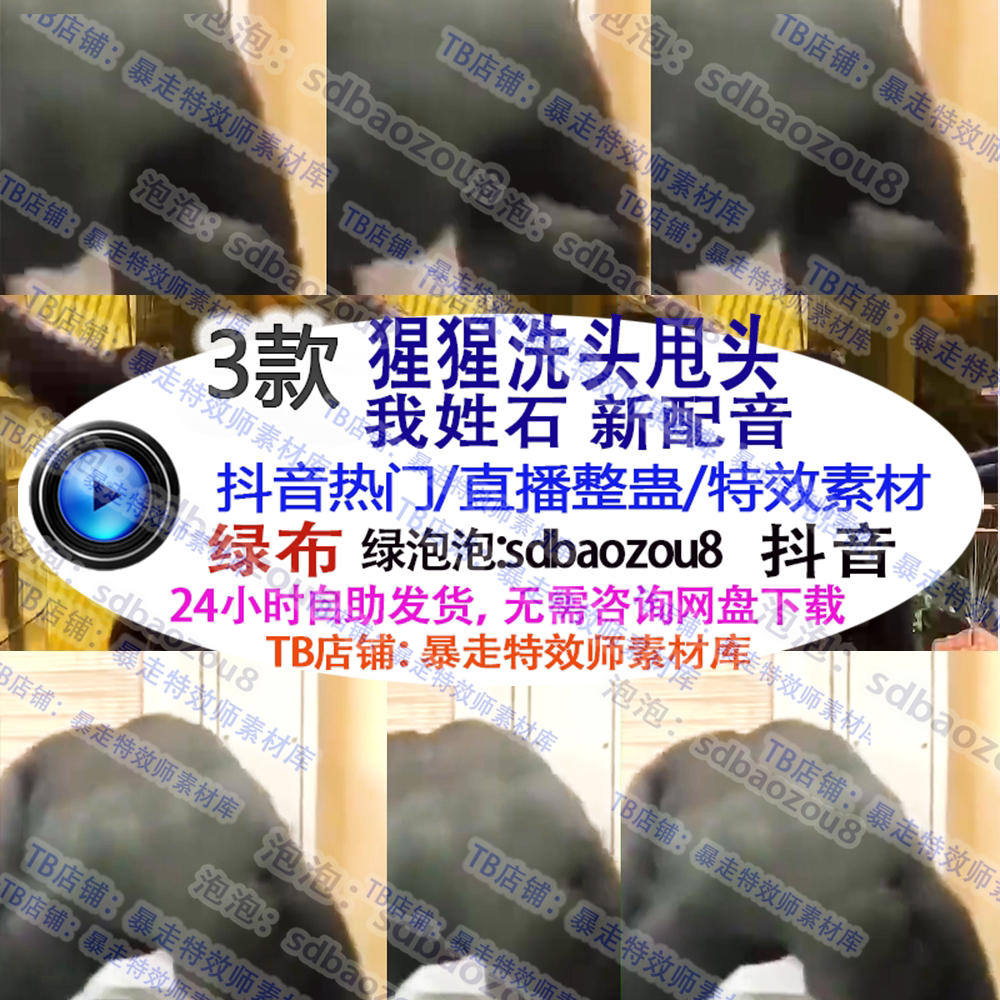 整蛊直播猩猩洗甩头我姓石新配音搞笑特效绿幕视频素材抖音可定制