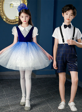 儿童演出服装蓬蓬裙小学生大合唱团比赛舞蹈服女童泡泡袖纱裙蓝色