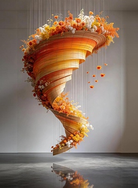 竹编花艺造型酒店婚庆场景布置大型创意竹编吊饰橙色系花艺装饰