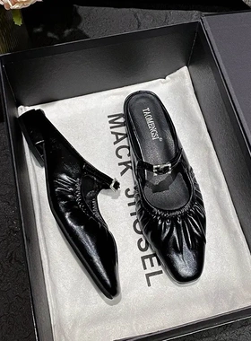 6325惠东达法式包头玛丽珍粗跟扣带穆勒单鞋半拖女款