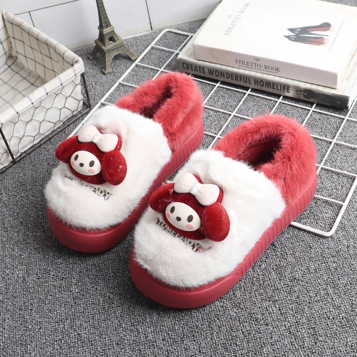 冬季加厚拼色棉鞋卡通时尚女外穿厚底保暖全包跟棉拖鞋毛毛月子鞋