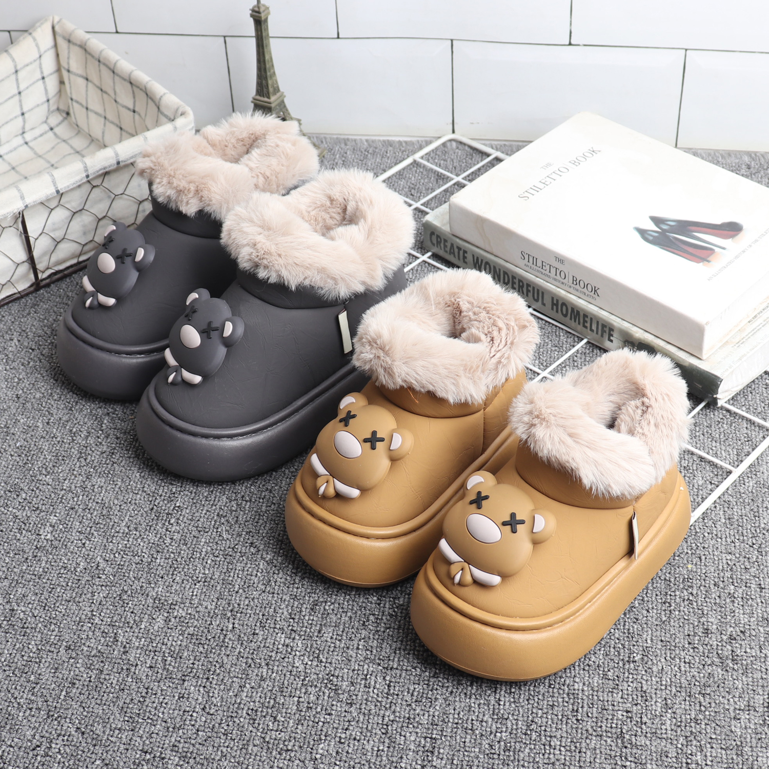 冬季可爱卡通小熊包跟棉拖鞋皮面
