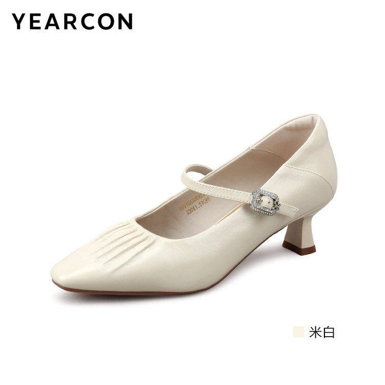 意尔康时装女鞋春季新款真皮软底法式复古高跟鞋女压褶30892Y - 实物图