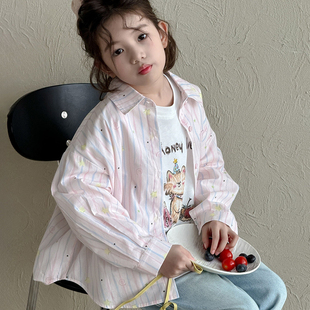 女童衬衫外套春秋款2026卡通洋气童装小女孩条纹秋装翻领长袖衬衣