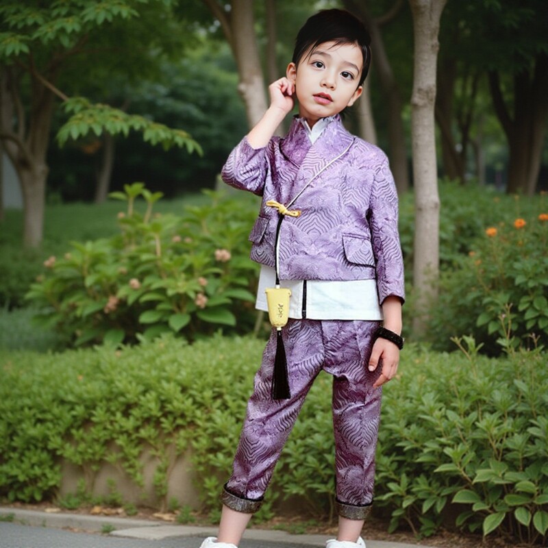 薇设计时装周高端T台走秀中国风国潮风礼服紫色男童中式礼服出租