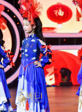薇设计中国风儿童礼服宝蓝春晚儿童舞台礼服T台决赛礼服定制出租