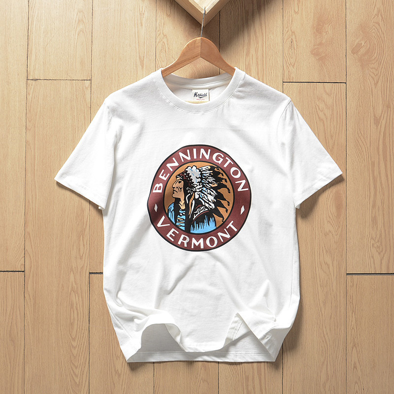 圆形图案印第安人头像印花全棉水洗磨毛圆领短袖t恤男打底衫潮