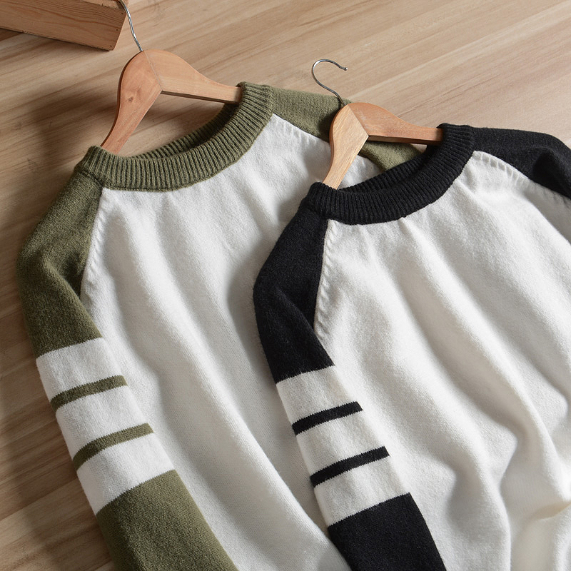 套头圆领撞色插肩袖针织衫毛衣