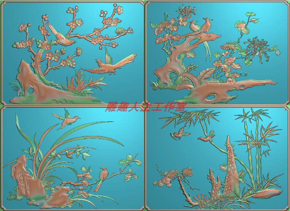 精雕图 梅兰竹菊花鸟门板 电脑设计素材/源文件