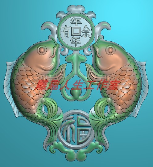 年年有余浮雕精雕JDP灰度BMP格式玉雕木雕吊坠车挂件图双鱼