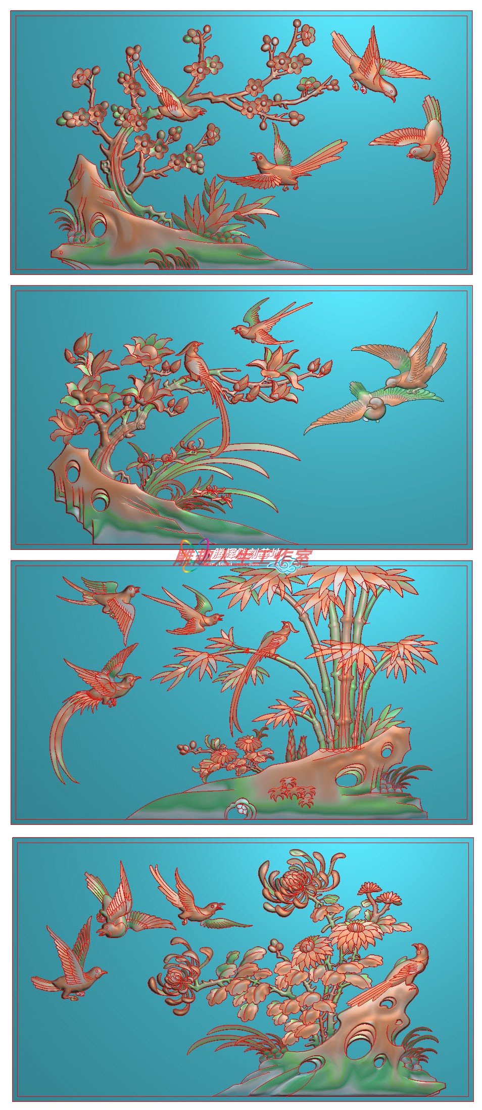 精雕图 梅兰竹菊门板梅兰竹菊花鸟板mlzj-051一套四张