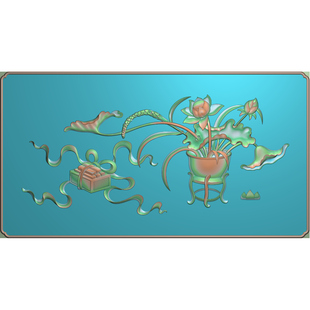 精雕图 浮雕图 电脑雕刻图 博古门板 花瓶荷花 博古荷花板有线
