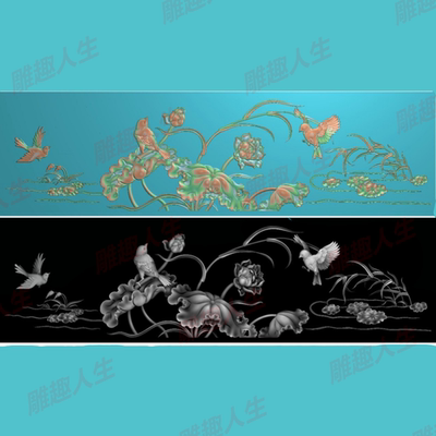 精雕图 灰度图檀雕花鸟 荷叶鸟背板 荷花鸟大背板 荷花床背板带线