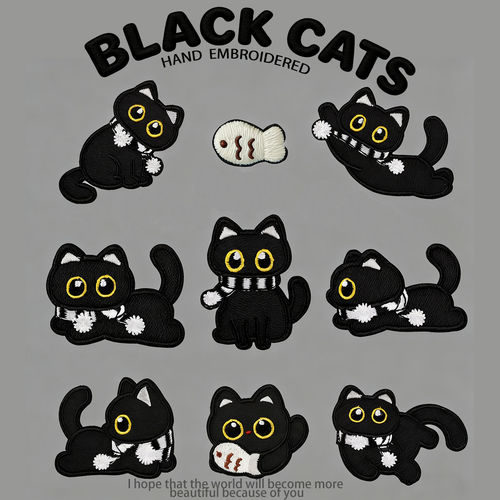 黑色小猫羽绒服补丁贴修补破洞贴布贴衣服手帐自粘刺绣大小号装饰