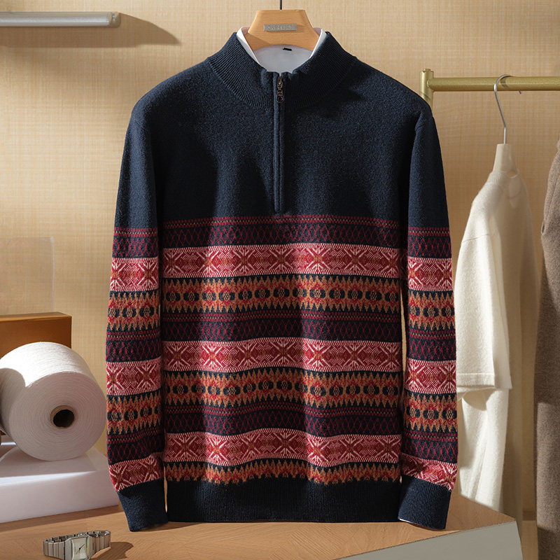 2025秋冬季半开拉链100%山羊绒衫男半高领针织毛衣长袖套头打底衫