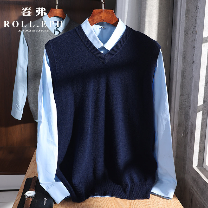 正品山羊绒衫男100纯羊绒马甲v领中老年爸爸内搭无袖针织毛衣坎肩