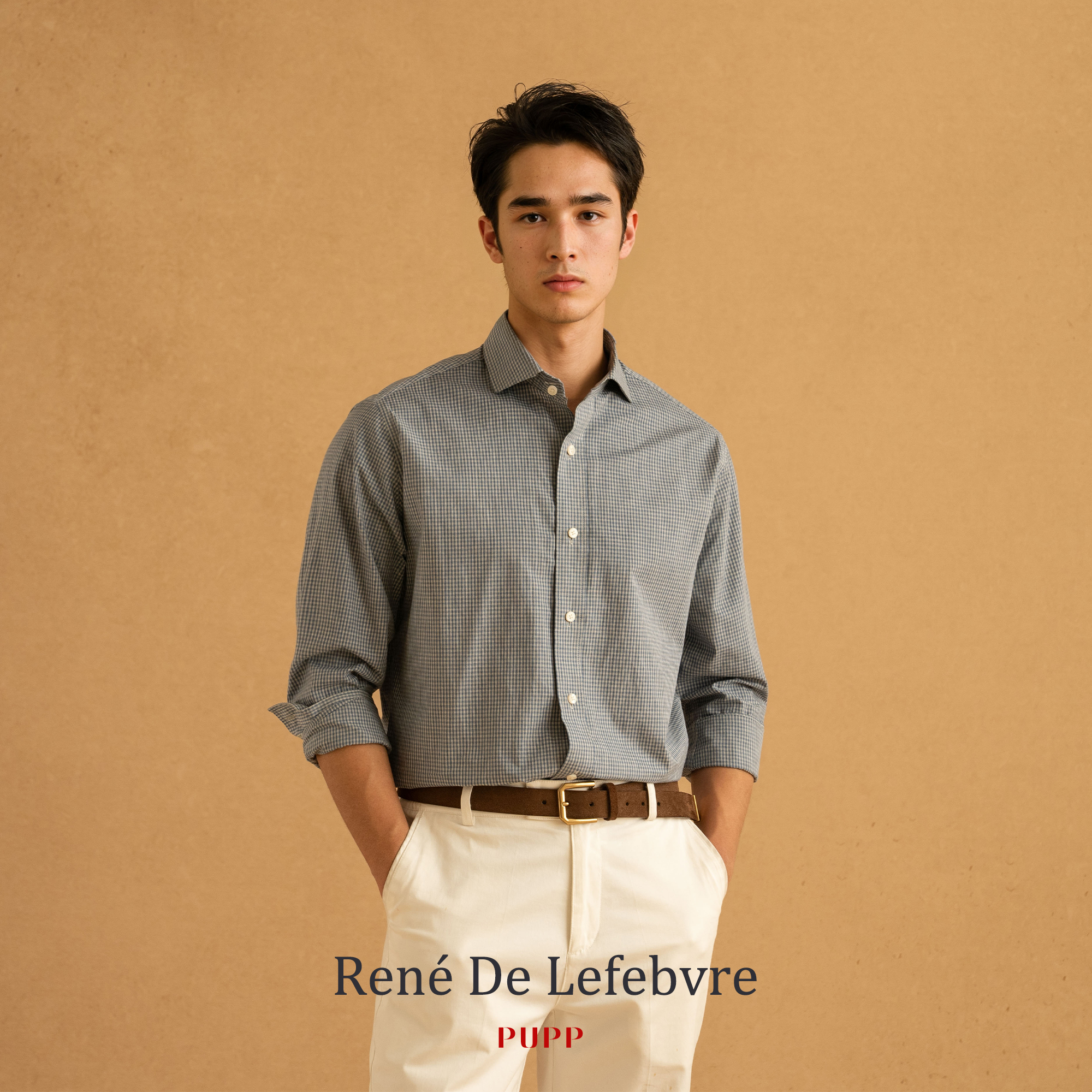 PUPP春夏季BC男士休闲商务通勤温莎八字领小格纹灰蓝长袖衬衣衬衫