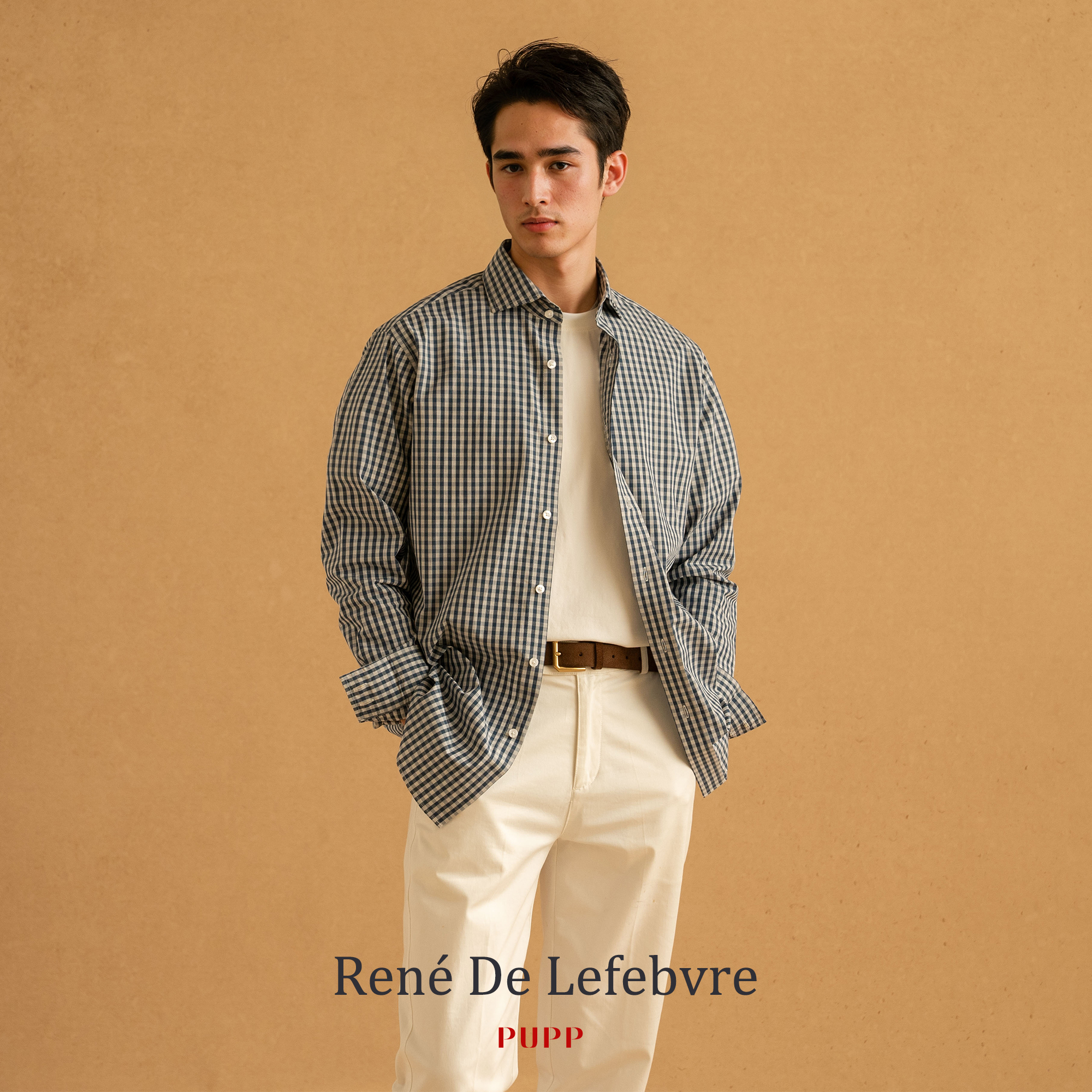 PUPP春夏季男士纯棉休闲商务BC老钱风一字温莎领格纹长袖衬衣衬衫
