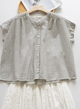 默棉 法式小众设计文艺立领衬衫女纹衬衣夏季短袖宽松泡泡棉褶皱