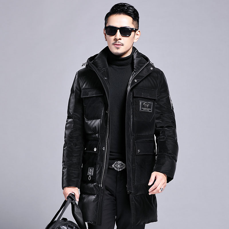 B8258钱塘2020-3冬季连帽男士羽绒服90白鸭绒中长款多口袋P340图片