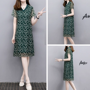 绿色碎花裙中长款 2023夏季 新款 V领宽松遮肉显瘦雪纺网纱连衣裙女