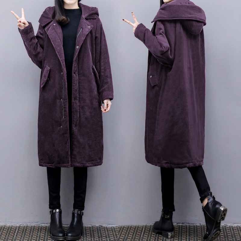 休闲连帽子长款过膝灯芯绒棉衣