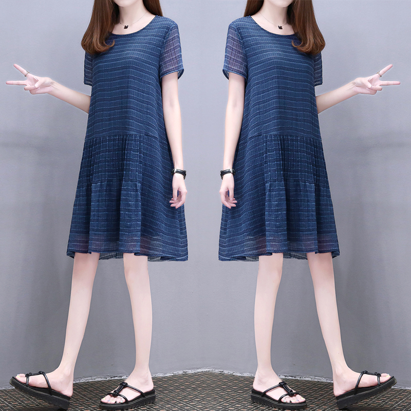 歐洲站2018夏季新款女裝寬松圓領氣質裙子時尚大碼顯瘦連衣裙女潮