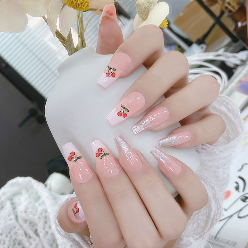 水果穿戴甲成品樱桃奶油法式闪粉渐变长t芭蕾穿戴式假指甲美甲