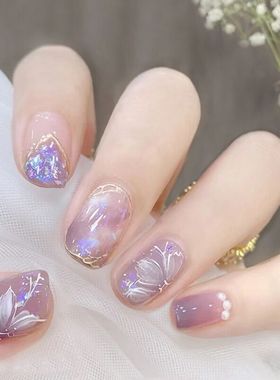 女童紫色山茶花儿童穿戴甲片10岁短款穿戴甲6岁小学生指甲贴美甲