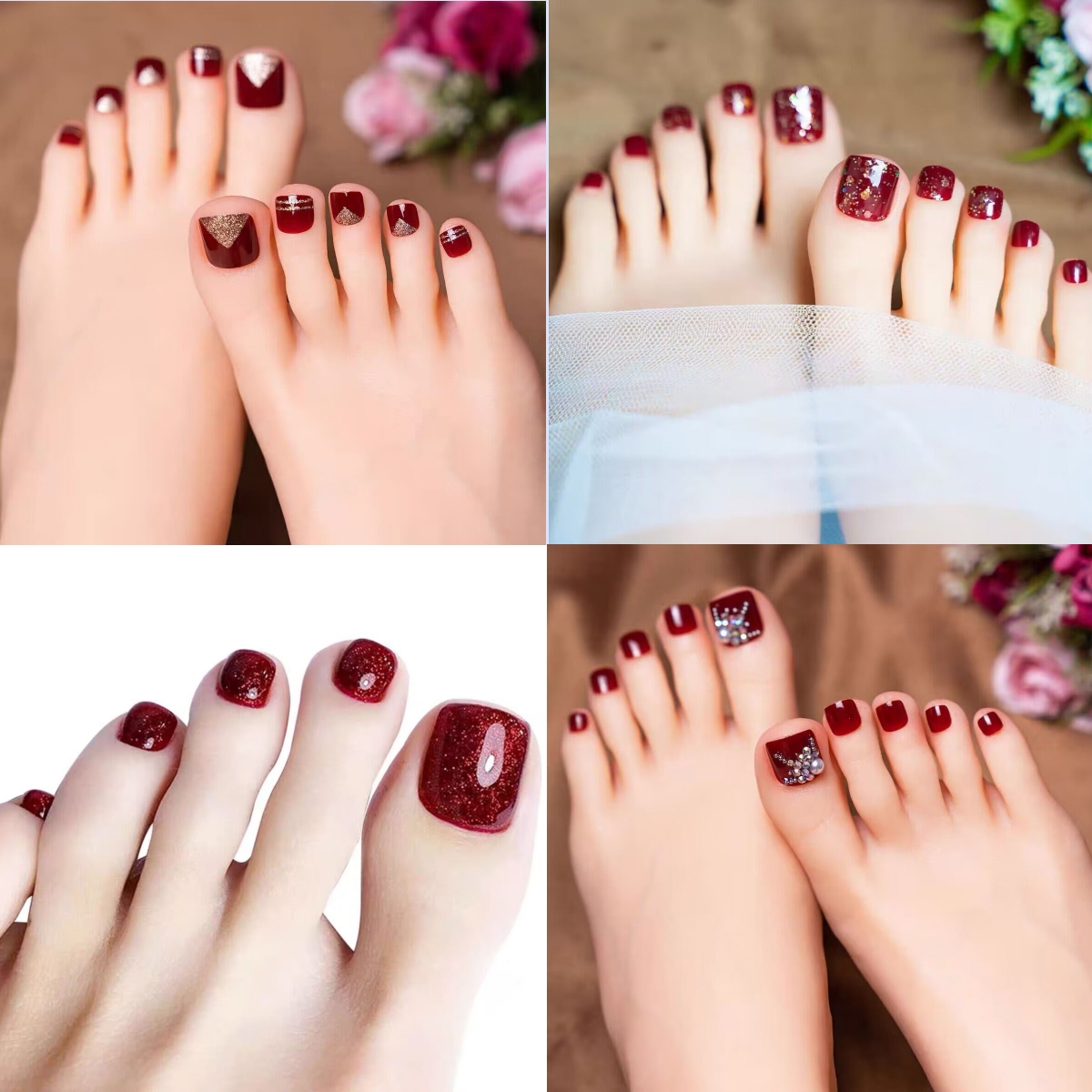 脚趾甲贴美甲可拆卸穿戴甲脚指甲贴片红色闪粉镶钻高级感美脚显白