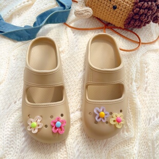 懒人一脚蹬包头外穿软底凉拖鞋夏可爱DIY玛丽珍洞洞鞋女花朵装饰