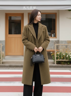 法式优雅风双排金扣收腰长款毛呢风衣女显瘦翻领外套HBZX710064
