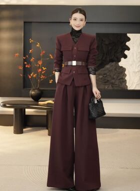 【暗夜绽放】2026春季V领长袖上衣洋气裤子腰带套装YHBZW800281