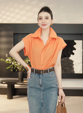 【京京】2026夏季新款翻领半开襟抽褶无袖衬衫短袖上衣HBZW800410